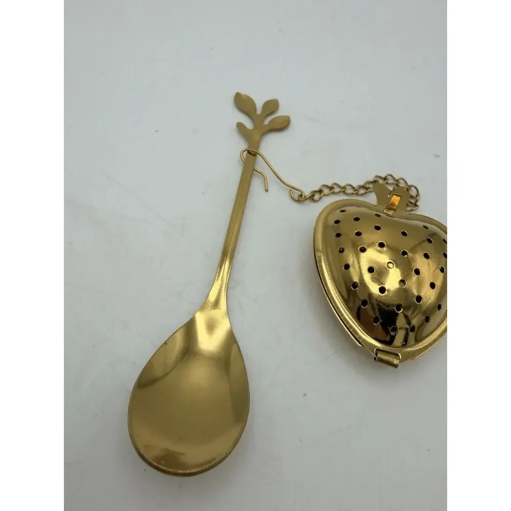 Heart Shaped Tea Infuser With Leaf Handle Spoon, Gold, New